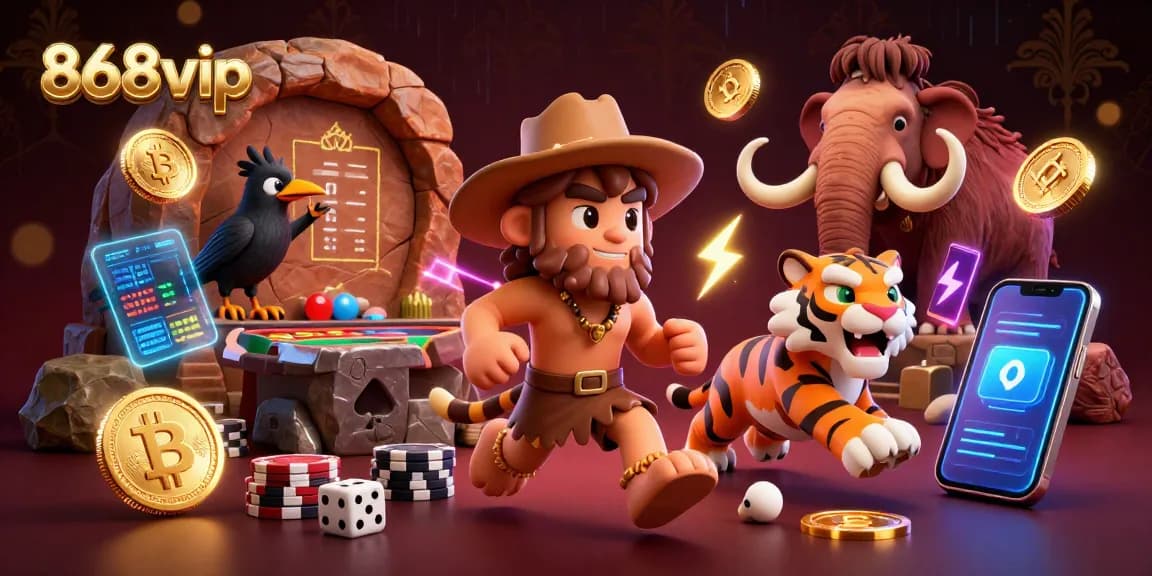 Experience the thrilling 868vip casino with cavemen and a tiger amid glowing cryptocurrency elements.