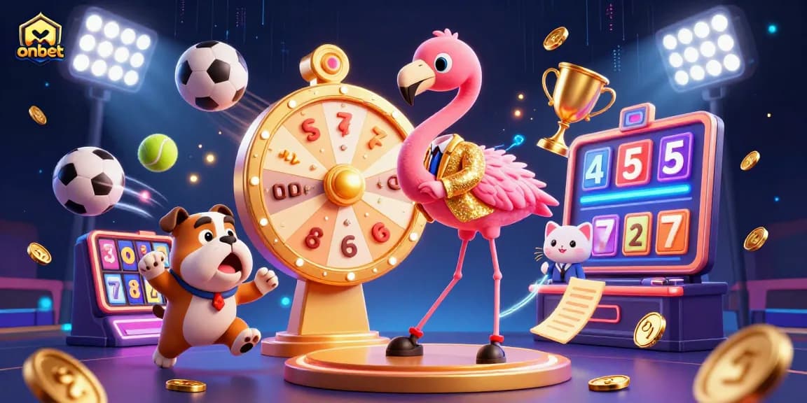 Experience the excitement of onbet as a flamingo game show host spins a golden prize wheel amidst vibrant casino elements.