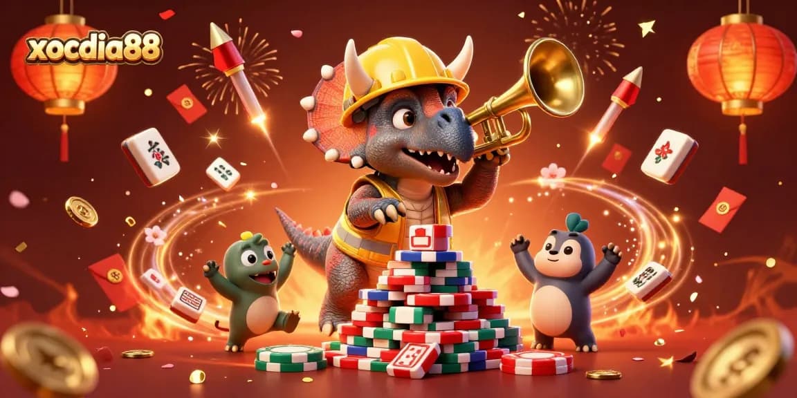 Xocdia88 celebrates wins with exciting games and vibrant casino elements in a lively 3D scene.