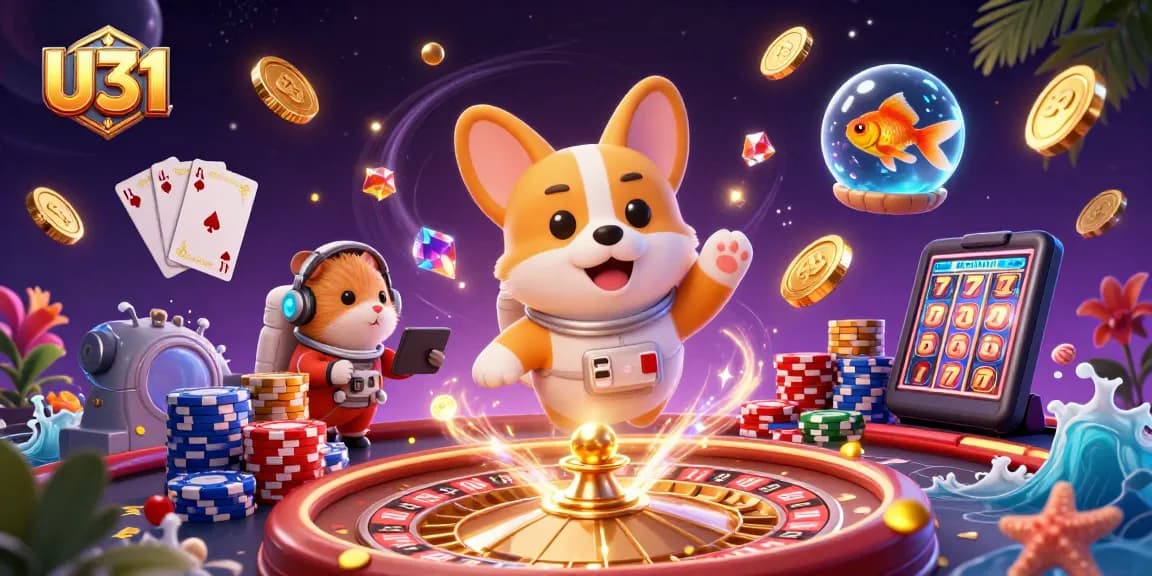 U31 gamers enjoy thrilling moments in a vibrant space casino scene filled with floating coins and playful characters.