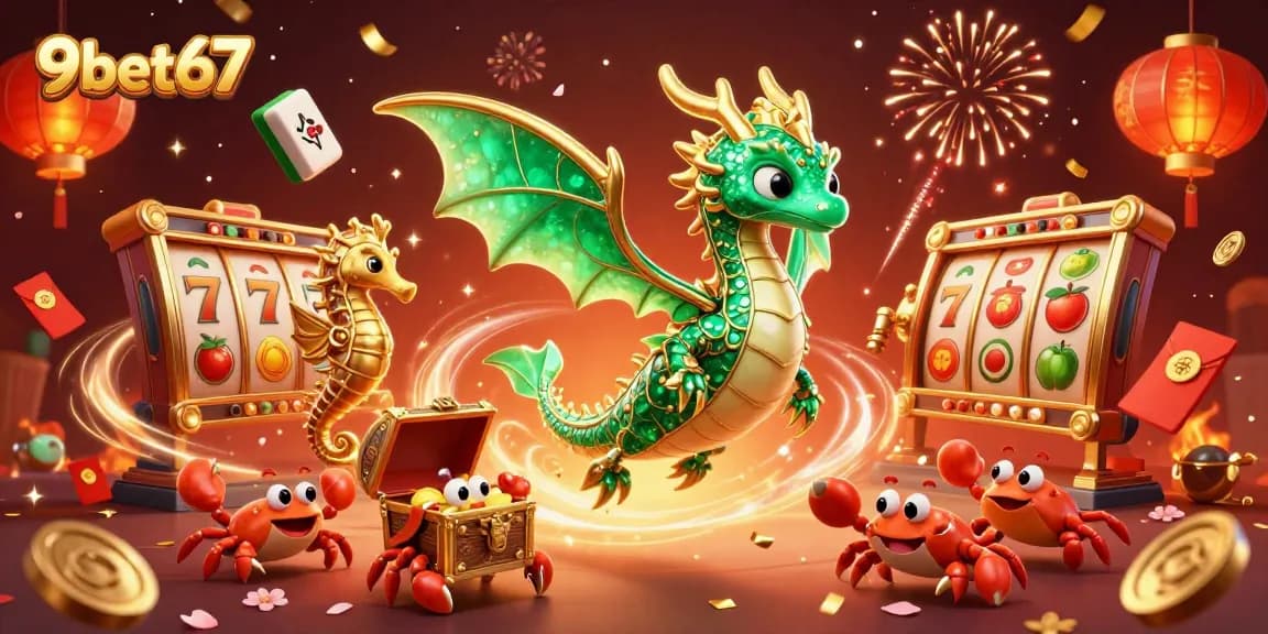 Experience the thrill of 9bet67 with a vibrant 3D casino scene featuring slot reels, gold coins, and lucky symbols.