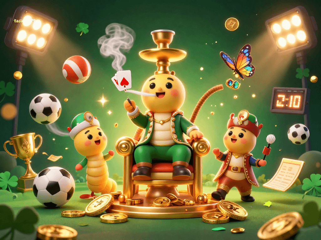 Caterpillar master at taixiu79 casino blowing smoke rings, amidst dynamic sports elements and golden coins