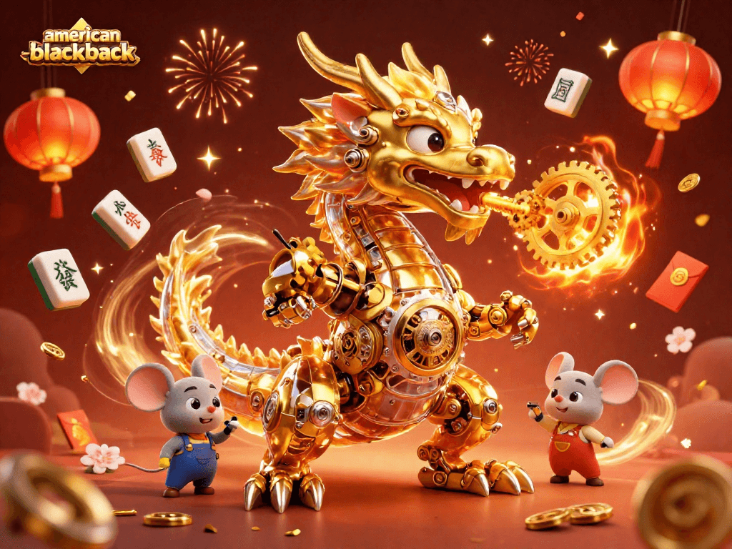 Experience the thrill of american-blackjack with a vibrant scene featuring a dragon and celebration elements.