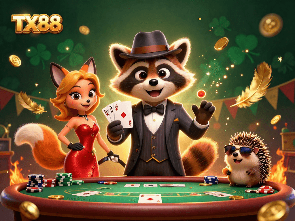 Experience high-stakes poker excitement with TX88 featuring immersive gaming characters and betting tokens.