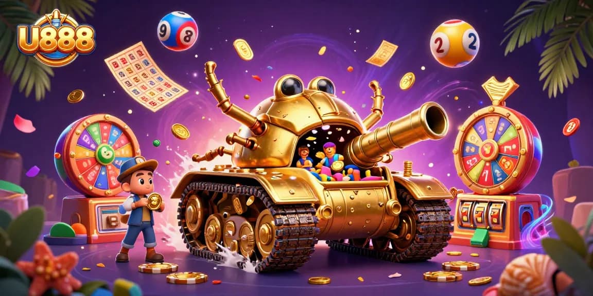 Engage in thrilling gameplay at U888 with an imaginative 3D casino illustration featuring dynamic lottery elements.
