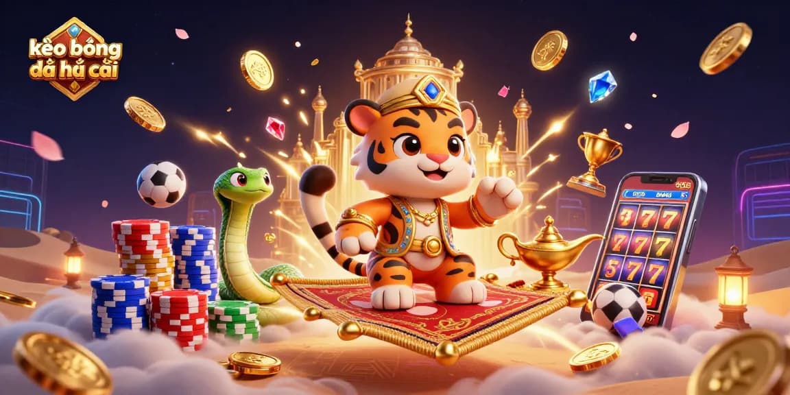 Engage with kèo bóng đá nhà cái in a vibrant 3D casino illustration featuring dynamic sports elements.