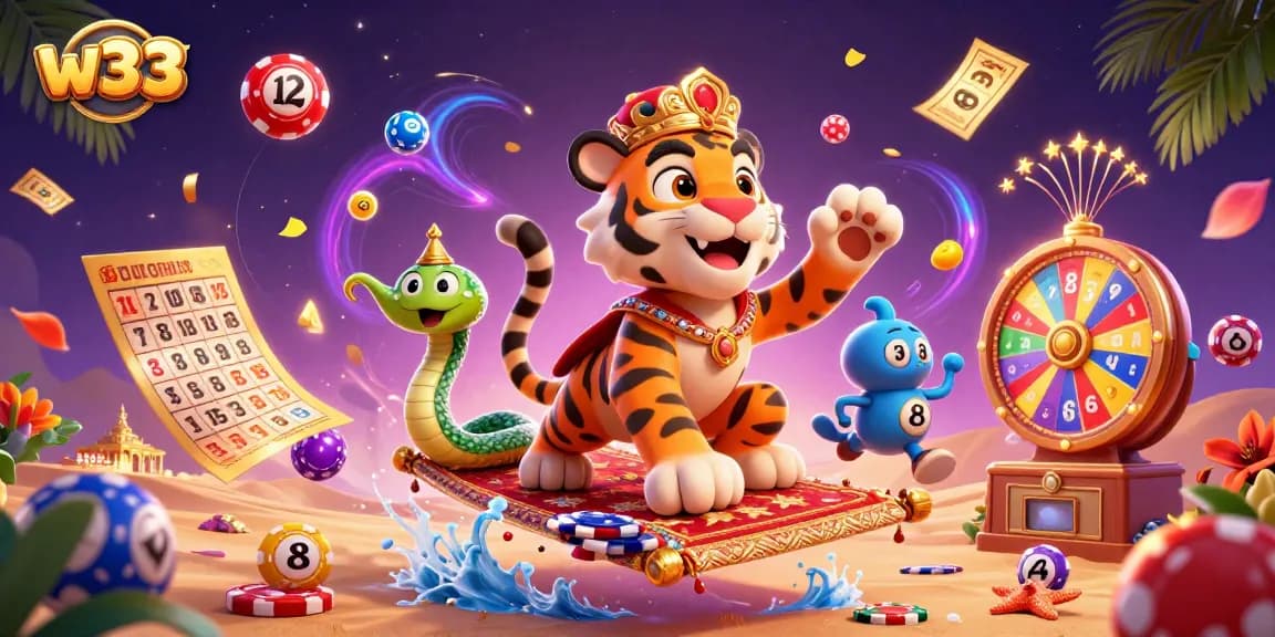 w33 showcases exciting gaming opportunities with vibrant characters and casino elements in a magical setting.