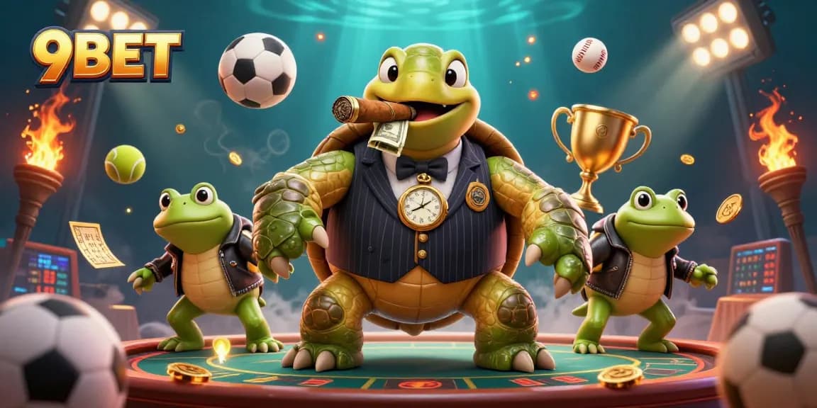 Immerse yourself in the 9BET gaming action with an energetic scene featuring cartoon characters and sports elements.