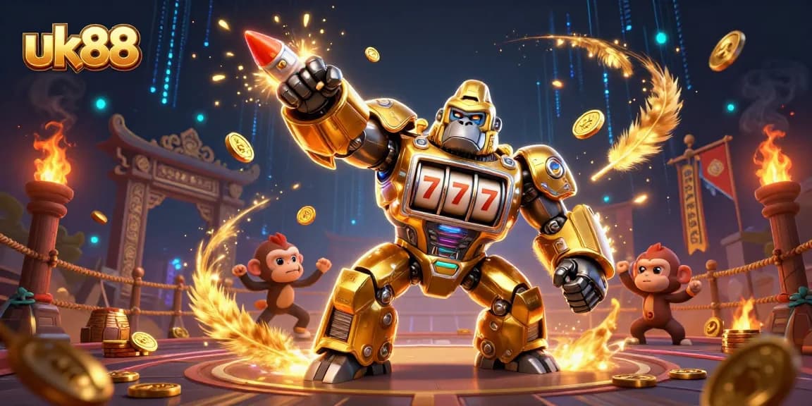 Engage with UK88's golden gorilla mech, showcasing thrilling casino excitement through vivid slot machine elements.
