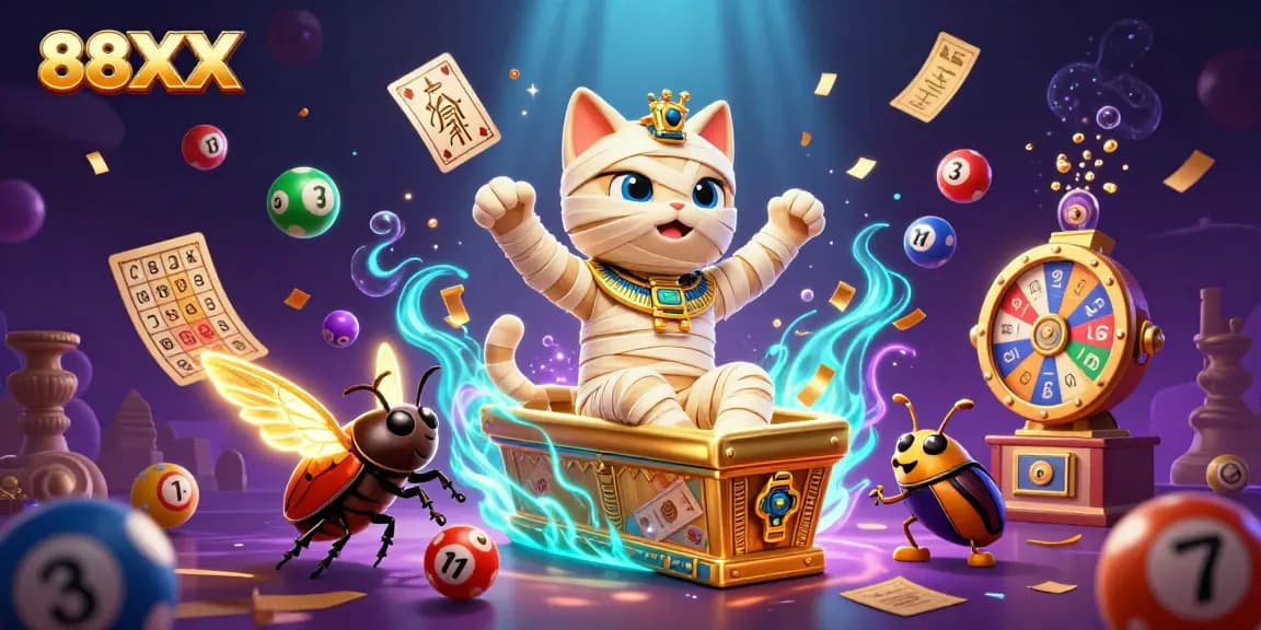 Engage in thrilling moments at 88XX casino with the Egyptian mummy cat and vibrant gaming elements.