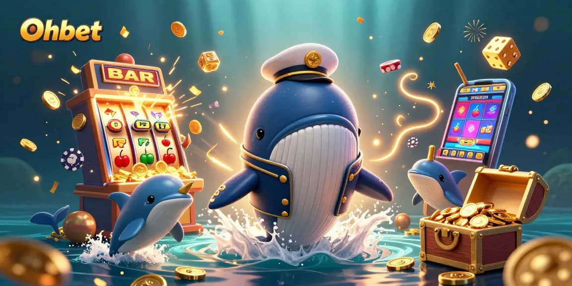 Experience thrilling gaming adventures with Oxbet as a whale and dolphins celebrate in a coin-filled ocean.