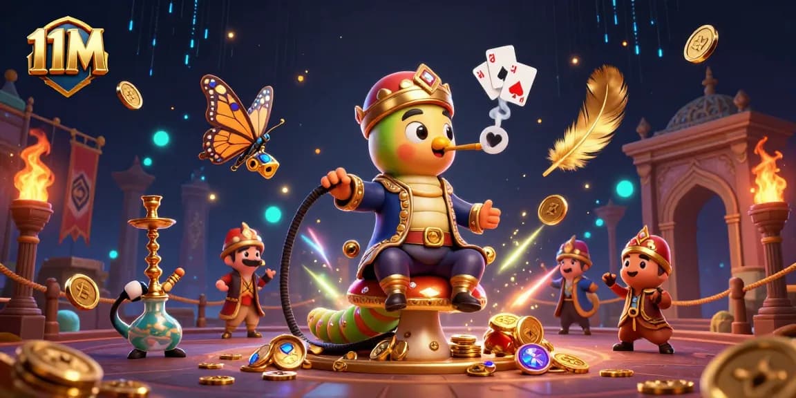 Engage with 11M's thrilling gambling scene featuring cards, coins, and vibrant characters.