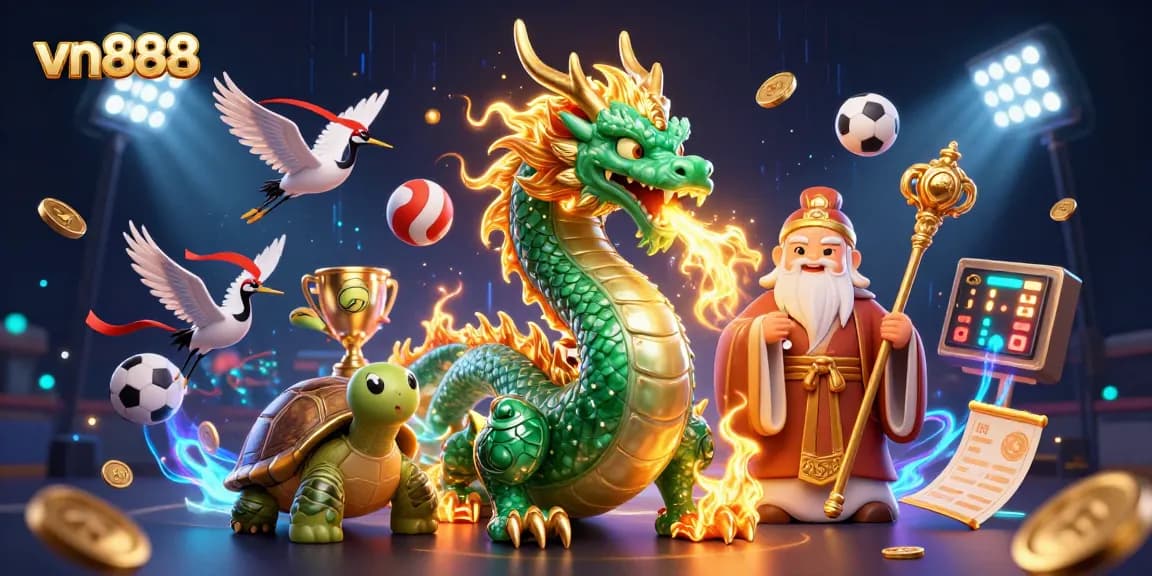 Engage with vn888's exhilarating gaming experience featuring a dynamic 3D scene of majestic characters and vibrant game elements.