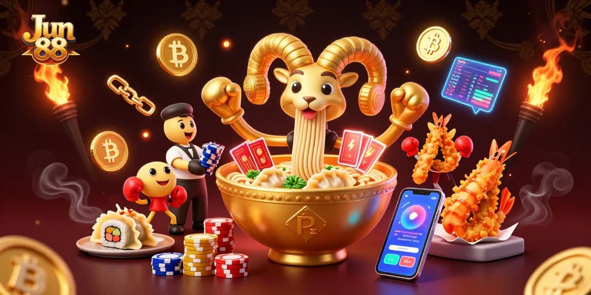 Experience excitement at Jun 88 with vibrant 3D characters dealing cards and stacking chips in a dynamic casino illustration.