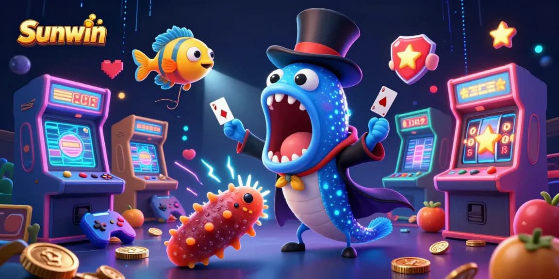 Sunwin's vibrant 3D illustration with a magical eel, anglerfish, and sea cucumber in a casino setting.