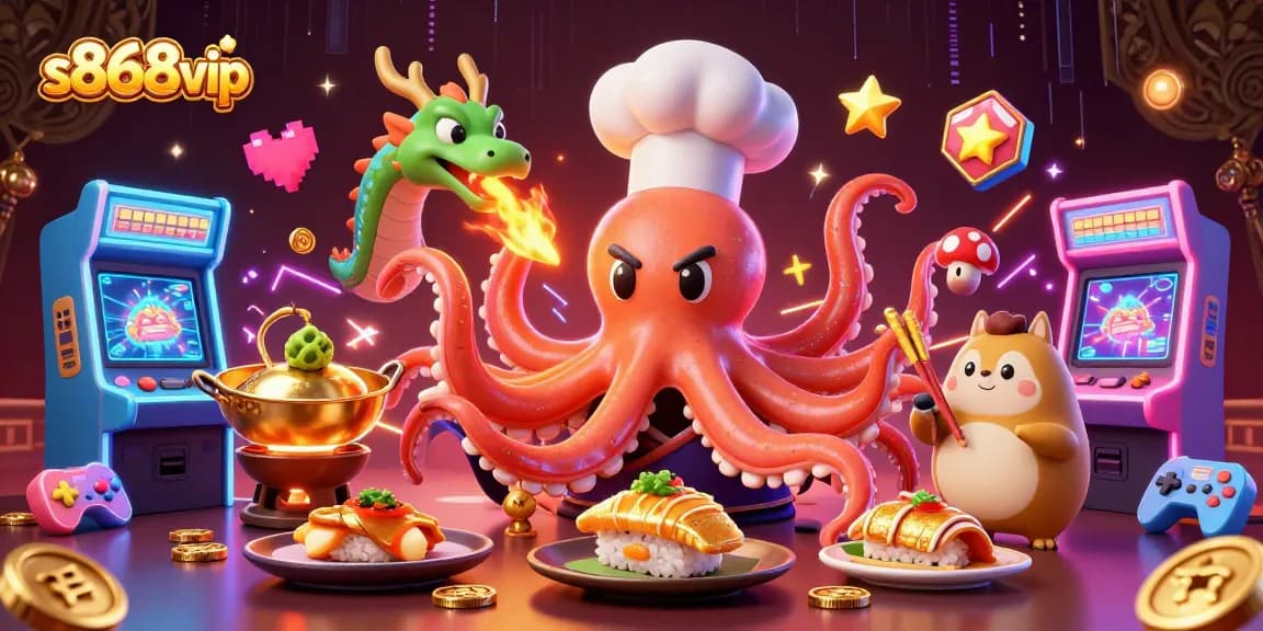 s868vip offers lavish gaming thrills with an octopus chef and dragon in an energetic casino scene.