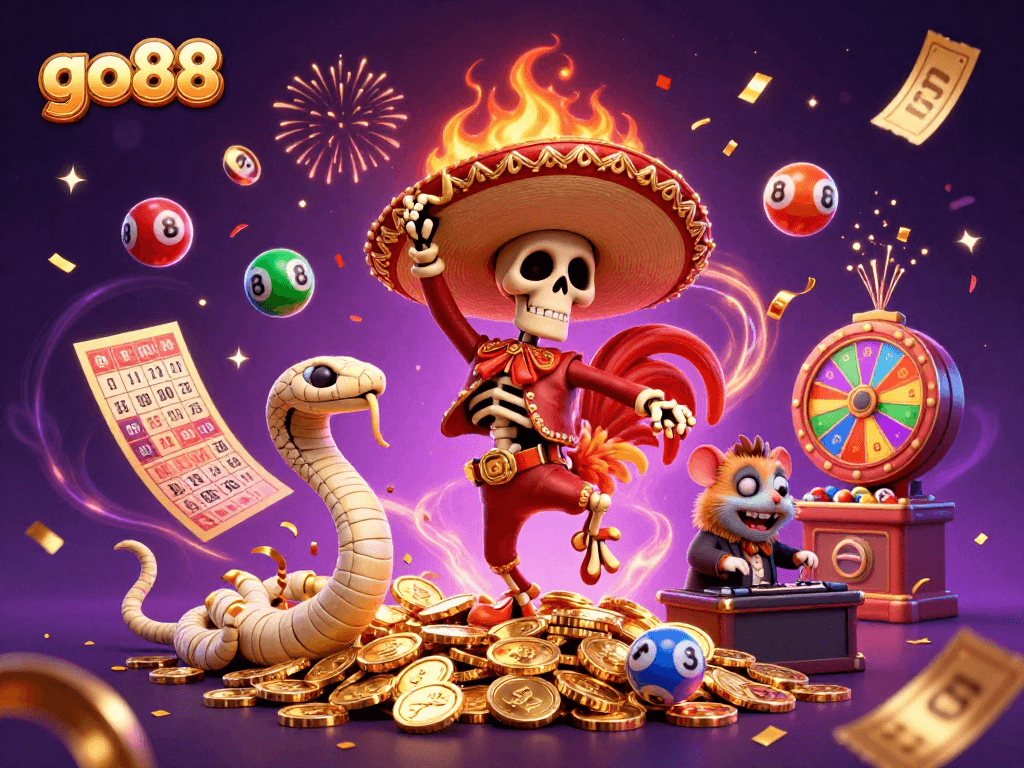 go88 celebrates winning with a festive 3D cartoon scene of colorful lottery balls and festive characters.