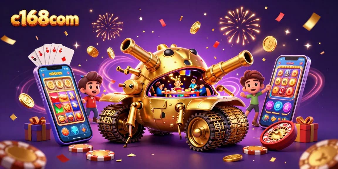 Experience thrilling wins at c168com with a festive 3D casino illustration showcasing dynamic gaming action.