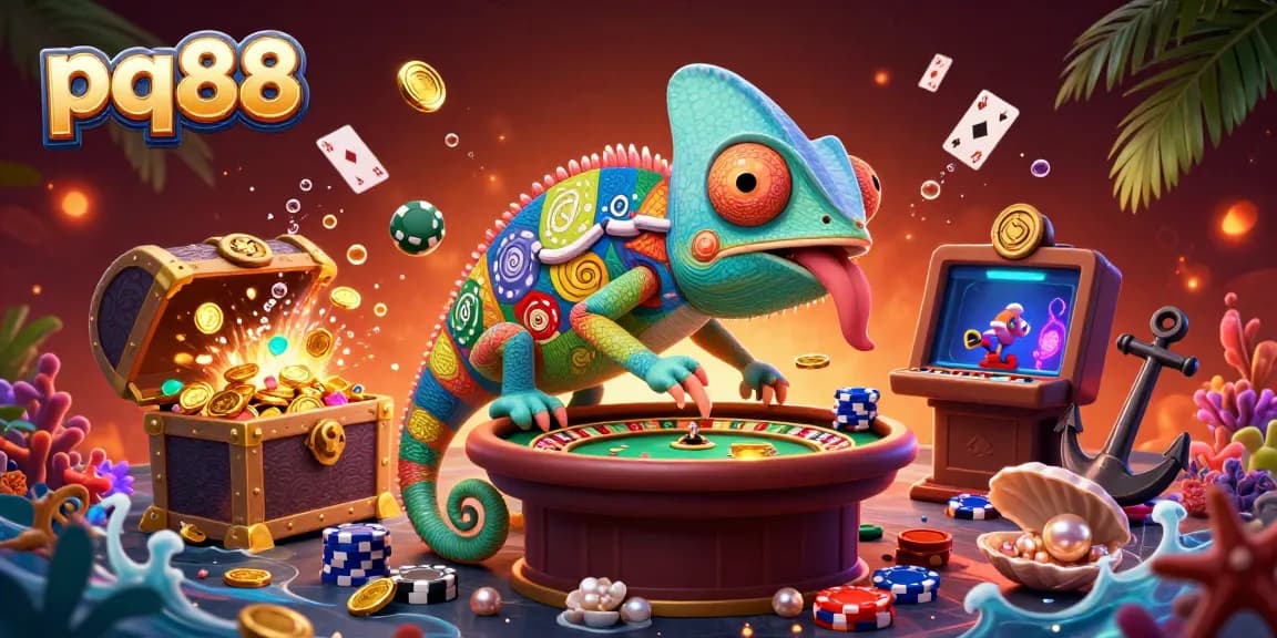 Experience the excitement of pq88 with playful chameleon casino owner in a vibrant gaming scene.