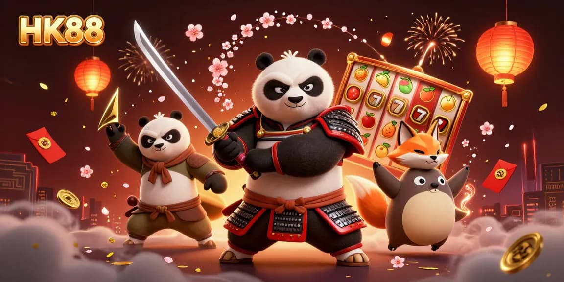Experience exciting wins at HK88 with vibrant slot action, featuring samurai panda and ninja fox.
