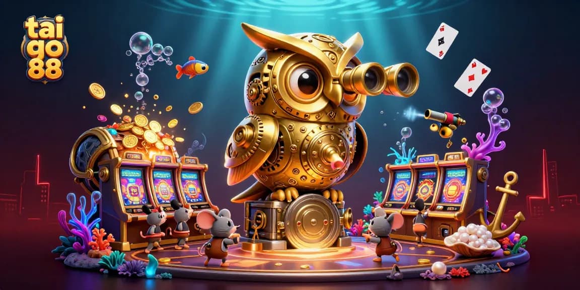 Play and win at tai go 88 with a vibrant scene of a golden owl overseeing a dynamic casino world.