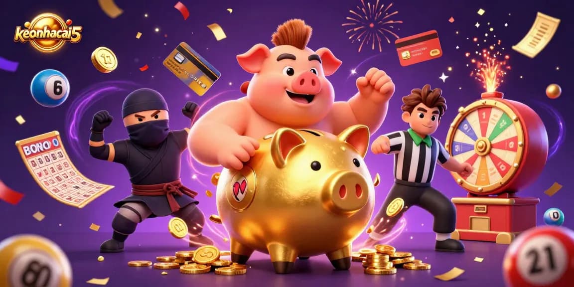 Engage with keonhacai5 as the golden piggy bank sumo wrestler shakes golden coins in a dynamic casino scene.