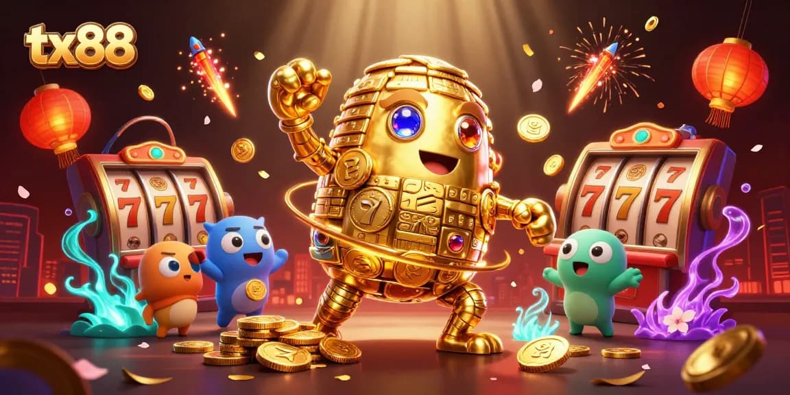 Experience the magic of tx88 with vibrant slot symbols and a golden golem illustration.