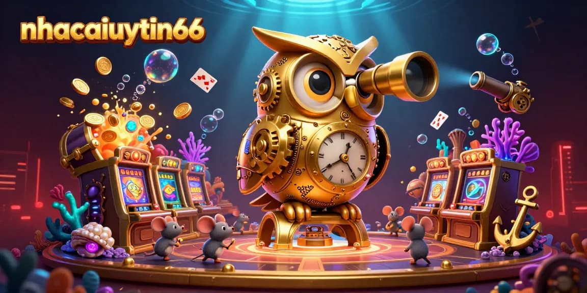 Experience thrilling moments at nhacaiuytin66 with a vibrant casino scene showcasing a golden owl and lively characters.