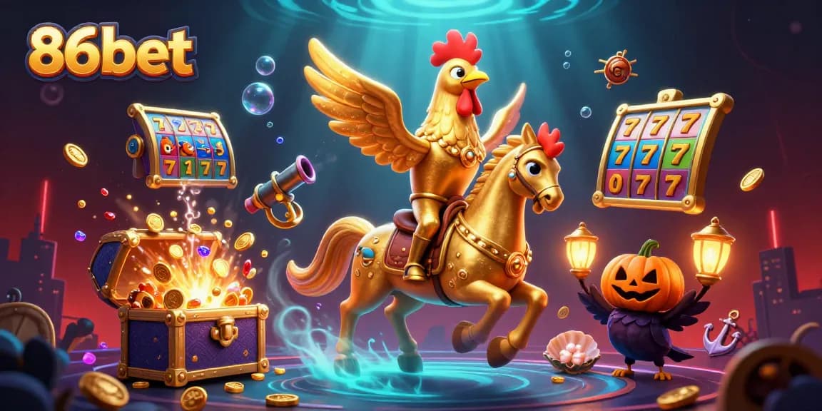 Engage with 86bet's dynamic casino experience featuring a golden rooster and vibrant treasures.