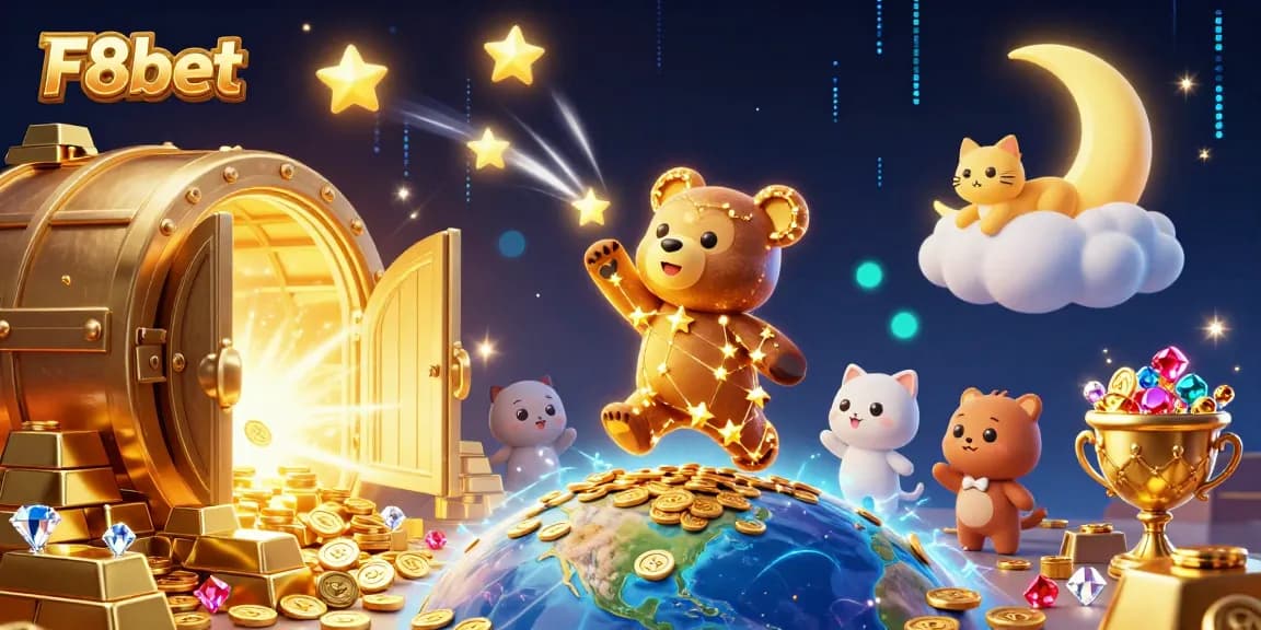 Engage with F8bet's dynamic online gaming, where the constellation bear scoops up coins amidst gold treasures.