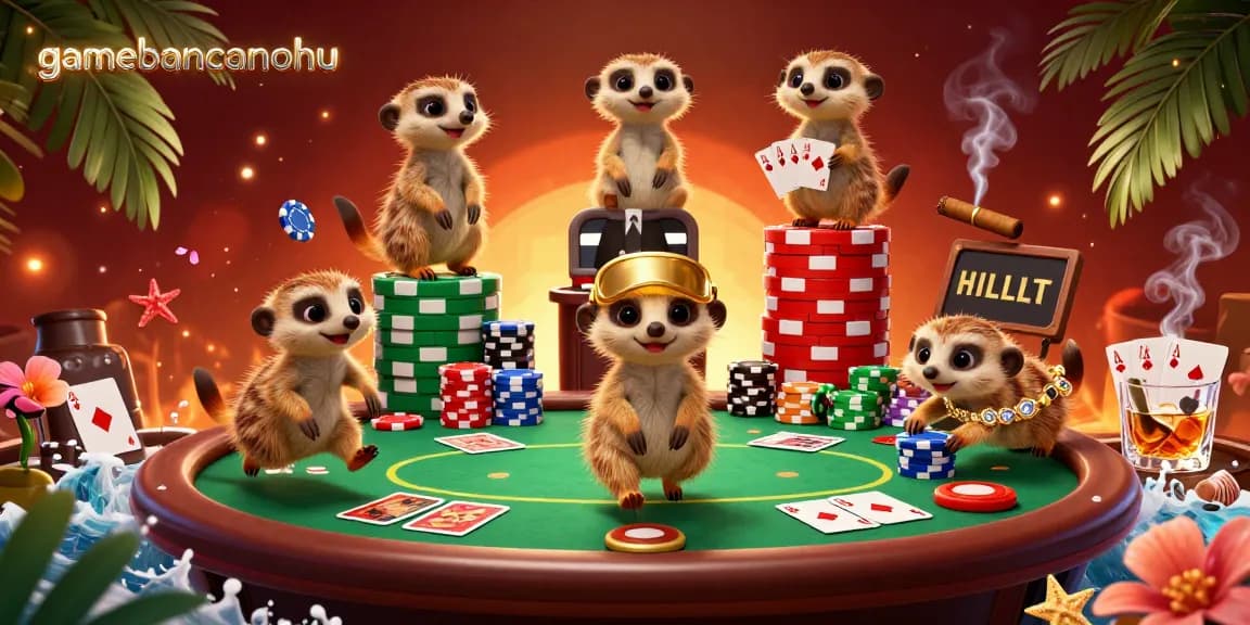 Experience excitement at gamebancanohu with hilarious meerkats in a vibrant casino scene.