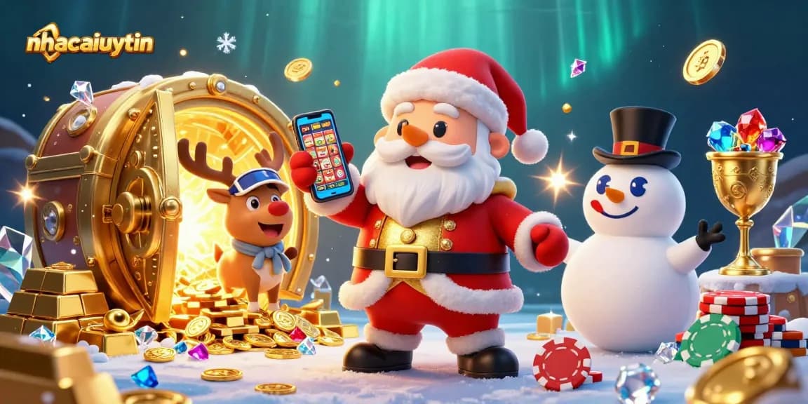 Join the fun with nhacaiuytin's jackpot slots as Santa and friends celebrate in a vibrant casino.