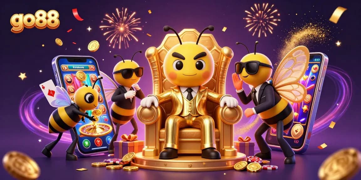 Experience thrilling gameplay at go88 with a vibrant scene featuring a cartoon bumblebee mob boss amid swirling casino elements.