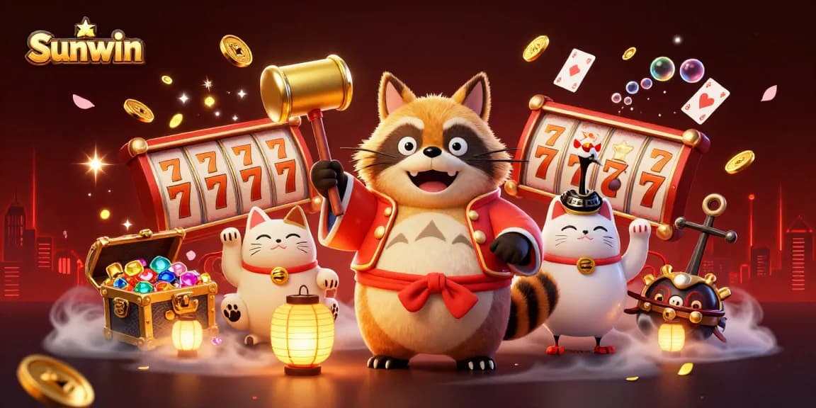 Play your favorite games at Sunwin with cheerful tanuki and lucky symbols in this vibrant illustration.