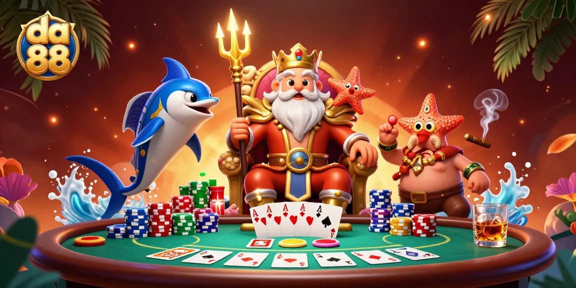 Experience da 88 with Neptune's glory at a vibrant poker table filled with vivid chips and cards.