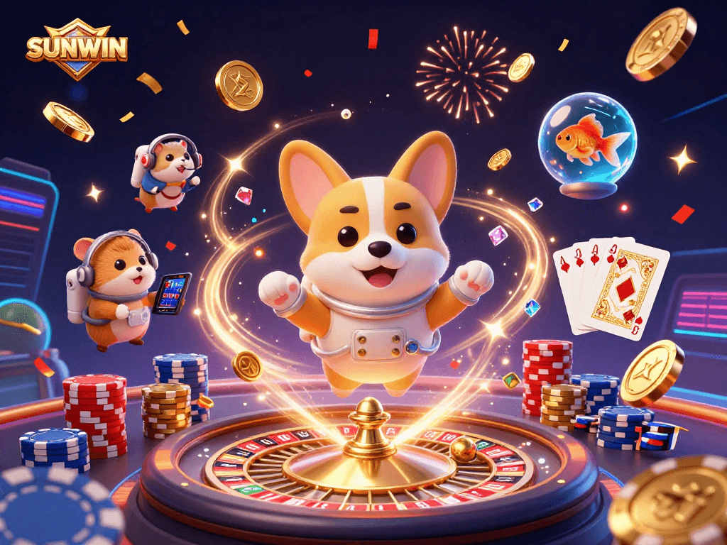 SUNWIN casino scene with a floating corgi and poker elements creating excitement.