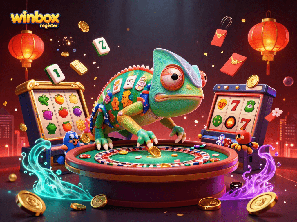 Winbox register effortlessly at the vibrant online casino with a colorful chameleon mascot and gaming elements.