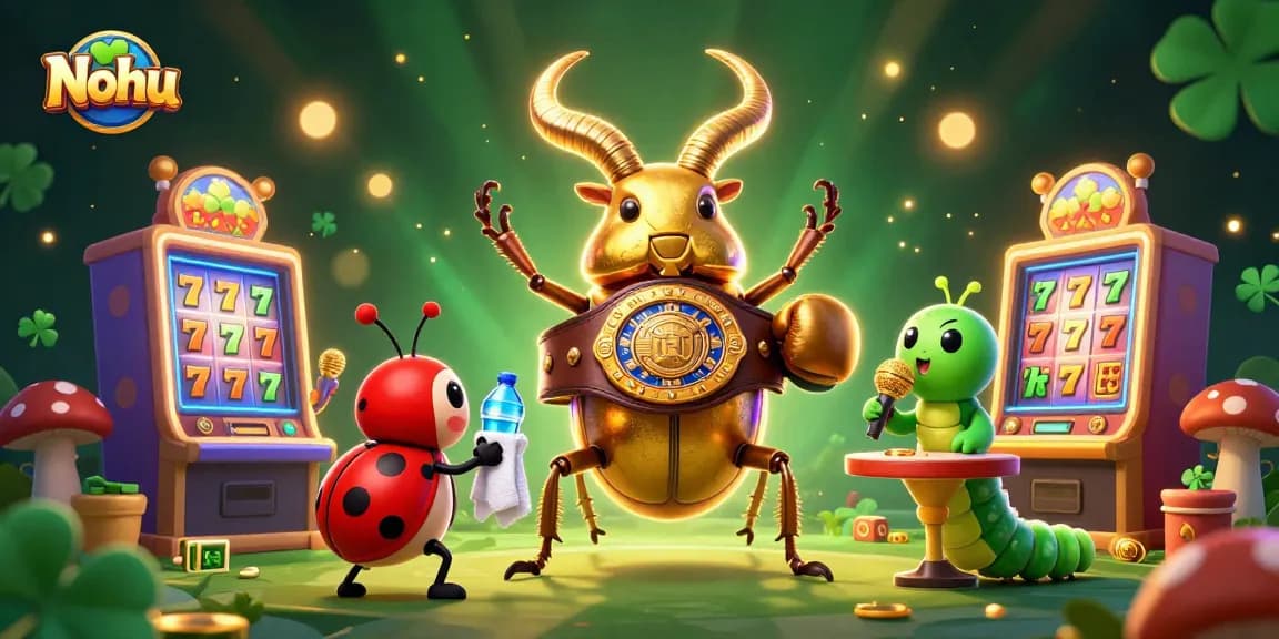 Nohu offers a vibrant 3D illustration of a boxing beetle champion and game elements, showcasing thrilling gaming action.