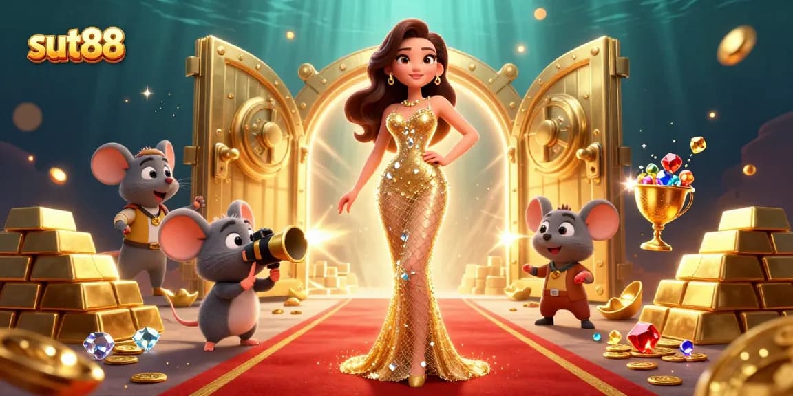 Sut88 presents a glamorous scene of a lady and a mouse capturing jackpot moments amidst sparkling treasures.