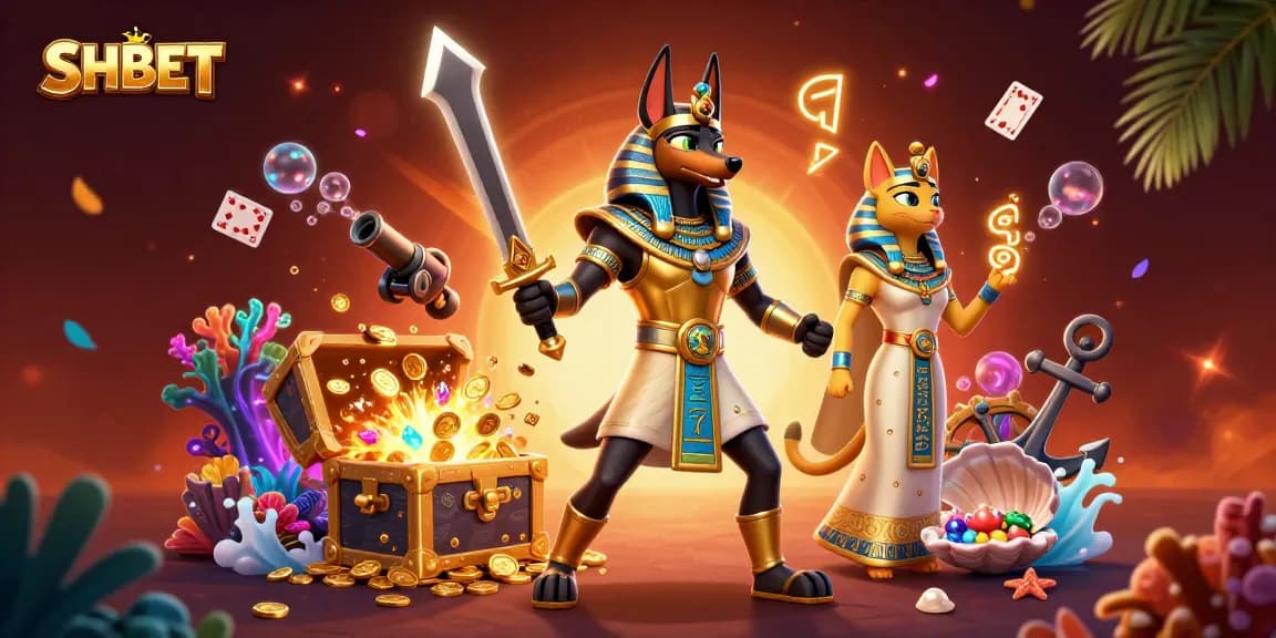 Experience SHBET's dynamic gaming world with Anubis, Bastet, and treasure in an exciting scene.
