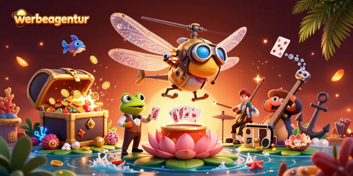 Engage in thrilling gameplay at the werbeagentur-inspired lily pad casino with vibrant characters and energetic atmosphere.