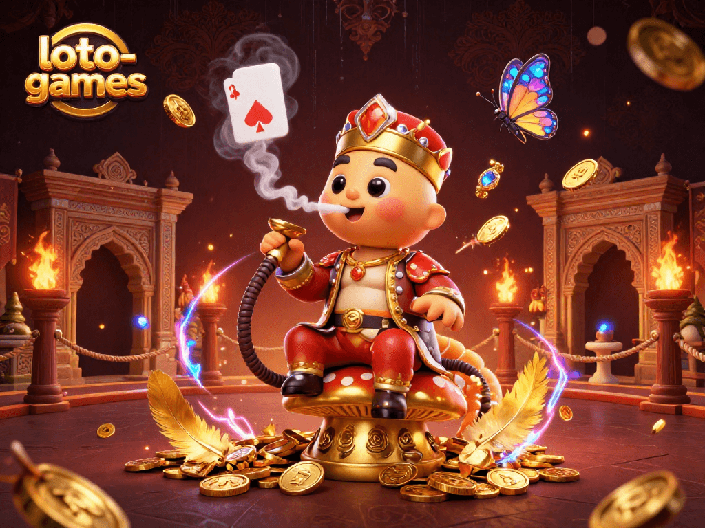 Loto-games offers a vibrant casino atmosphere with a sultan caterpillar character amidst dynamic gaming elements.