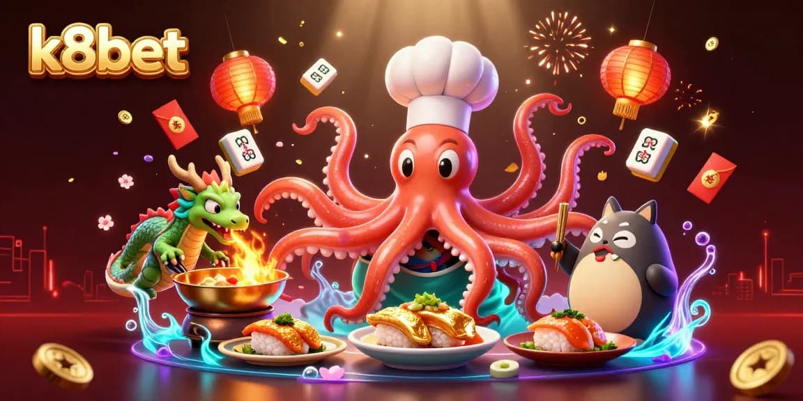 Engage with k8bet's thrilling casino experience featuring a lively octopus chef and dragon in action.