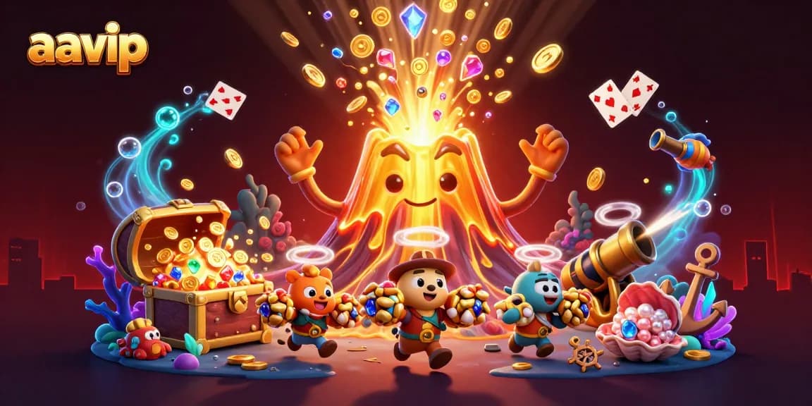 AAVIP unveils a triumphant volcanic scene, filled with treasure elements, capturing the excitement of online gaming.
