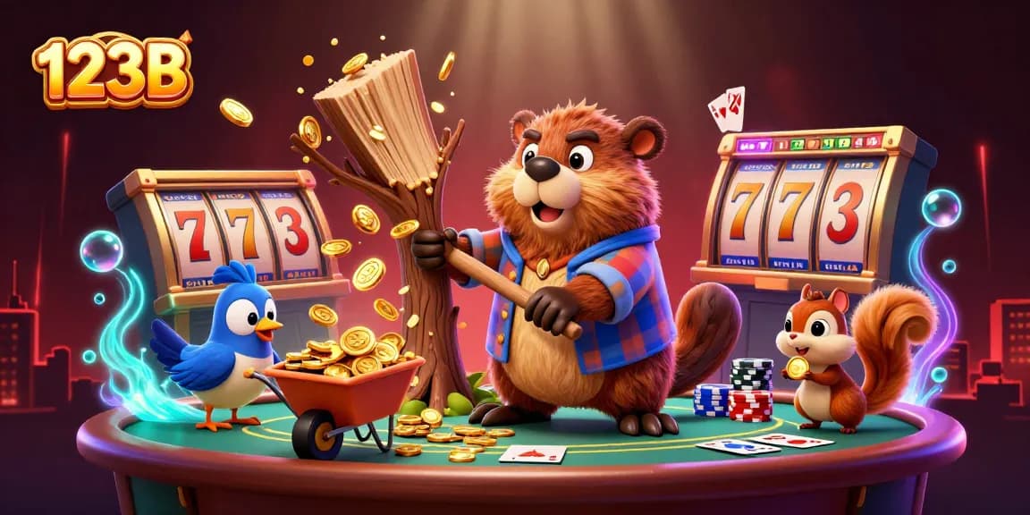Experience thrilling wins at 123B with cartoon characters surrounded by casino games and golden coins.