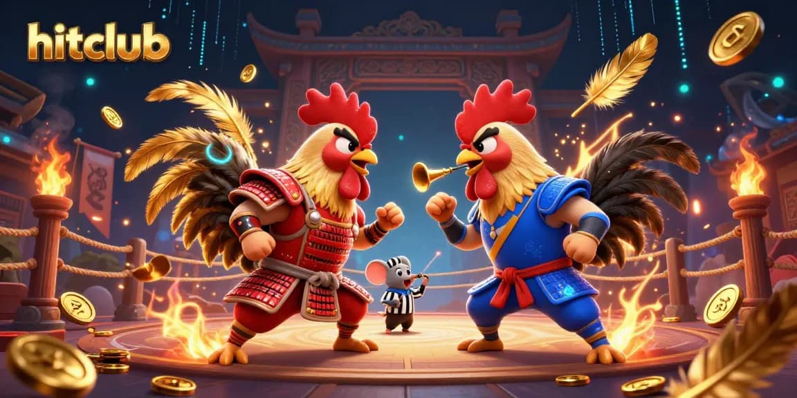 Engage with hitclub as cartoon roosters clash in an epic gambling showdown featuring colorful arena elements.