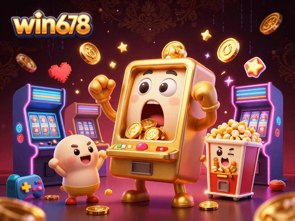 Win678 slot machine hits jackpot, surrounded by cheering machines and colorful arcade elements.