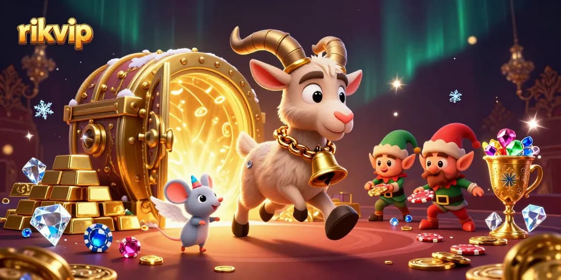 Experience the vibrant excitement at rikvip's casino with festive characters and shimmering treasures.