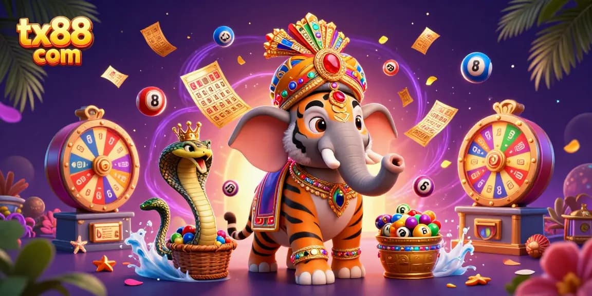 Engage in thrilling games at tx88 com with a vibrant casino scene featuring a maharaja, elephant, and lottery elements.