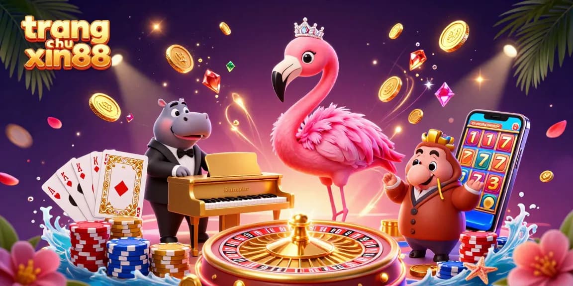Experience the excitement on trang chu xin88 with a lively 3D illustration of casino fun, featuring flamingo singer and hippo bassist.